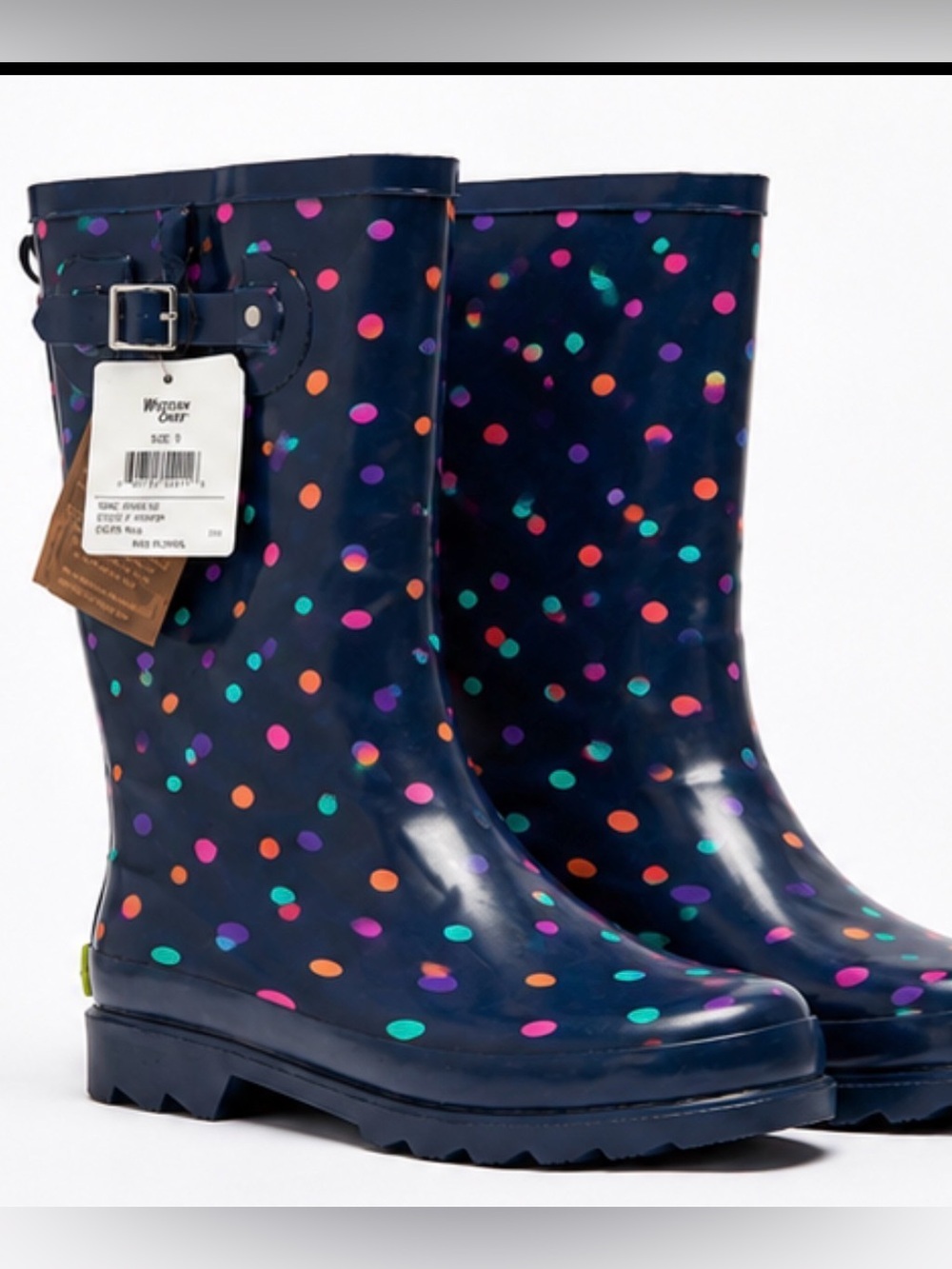 Western Chief Navy Polka Dot Rain Boots with Multicolor Dots